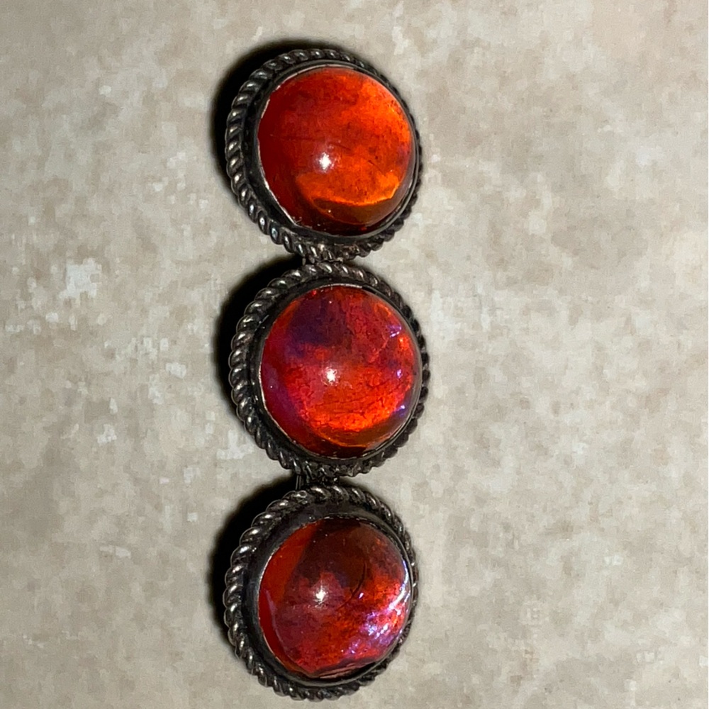 Sterling Silver and Dragons Breath Bezel Set Brooch Pin Locking C Clasp Vintage